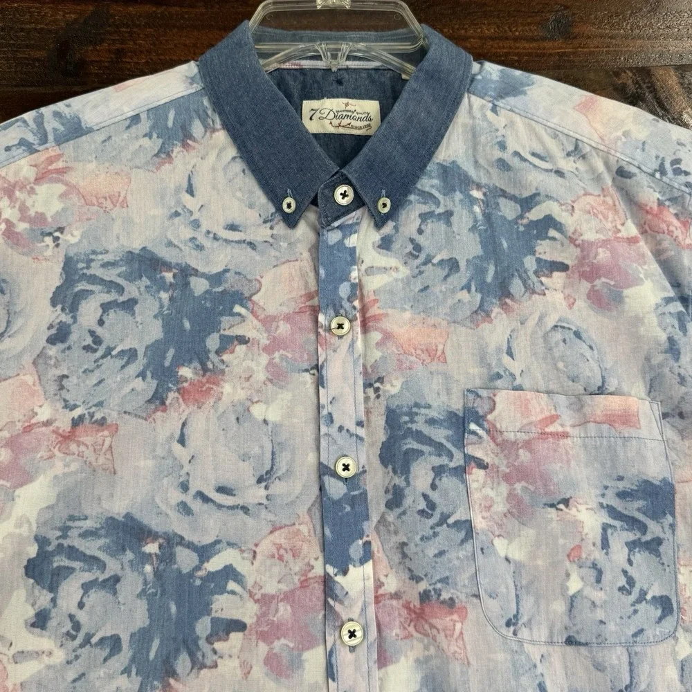 7 Diamonds Shirt  Abstract Print Polyester Cotton Blue Denim Collar Men's Size M